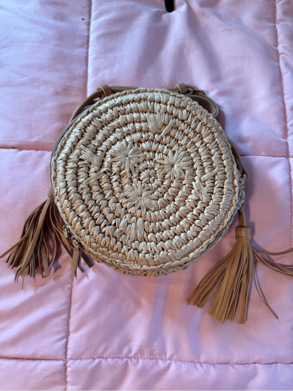 Woven Round Straw Crossbody Bag with Tassels - Natural